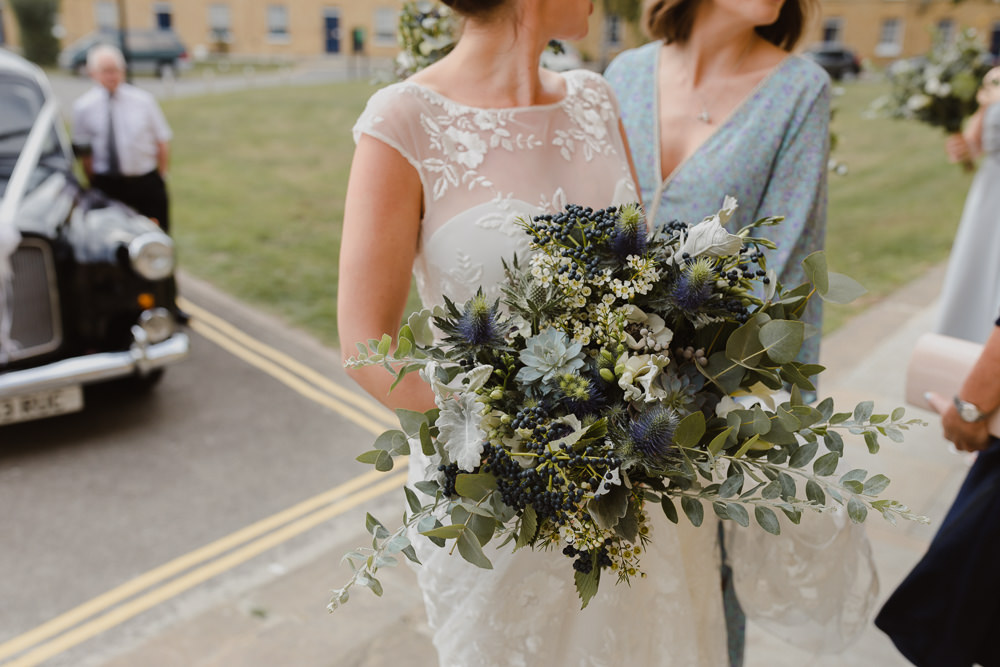 Bride Bridal Bouquet Flowers Greenery Foliage Thistles Berries Asylum London Wedding Emma Gates Photography