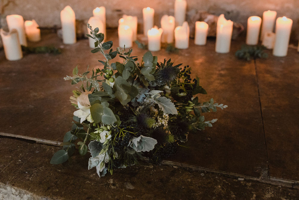 Bride Bridal Bouquet Flowers Greenery Foliage Thistles Berries Asylum London Wedding Emma Gates Photography