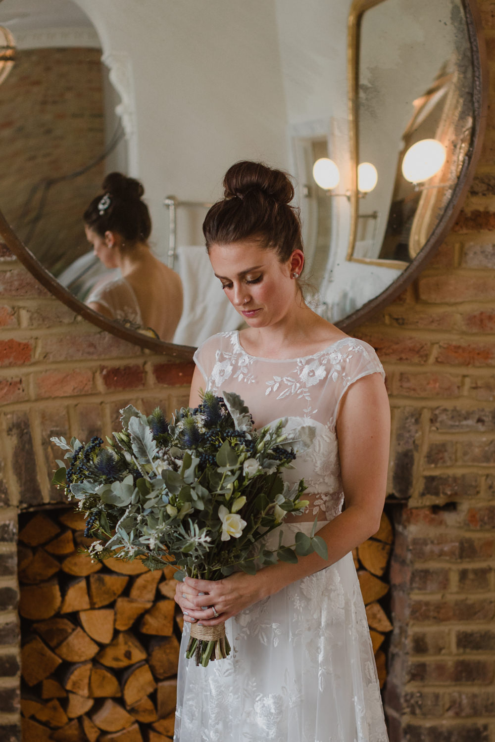 Bride Bridal Bouquet Flowers Greenery Foliage Thistles Berries Asylum London Wedding Emma Gates Photography