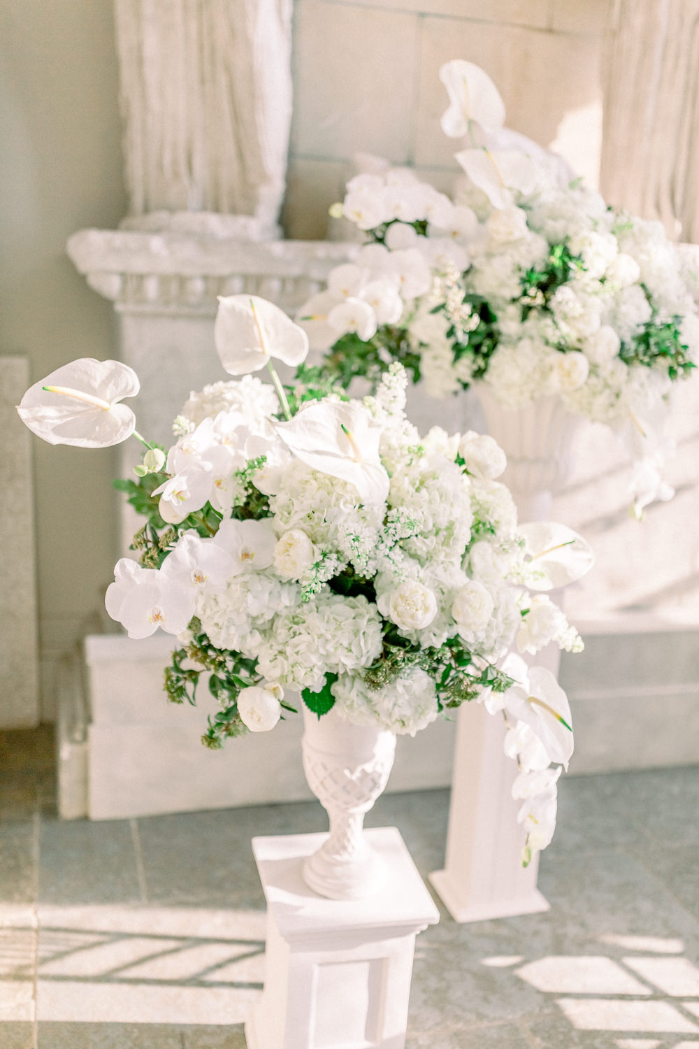 Floral Flowers Urn Peonies Roses White Aynhoe Park Wedding Sanshine Photography