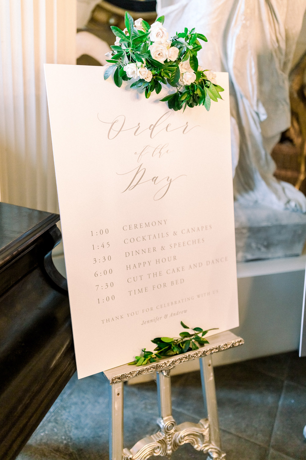 Order of the Day Stationery Signage Floral Modern Calligraphy Easel Aynhoe Park Wedding Sanshine Photography