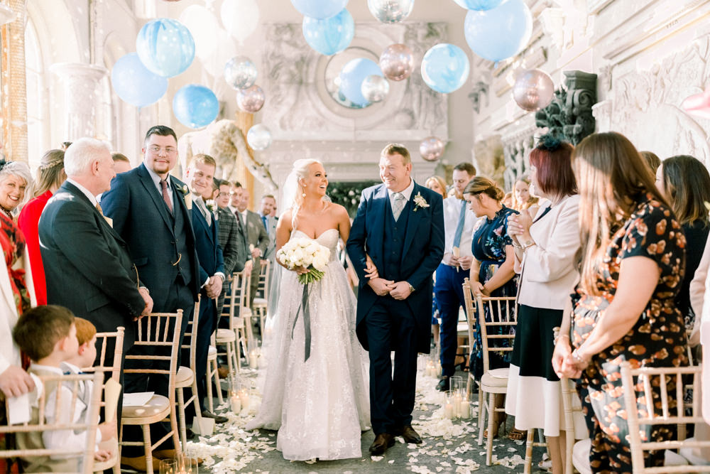 Bride Bridal Berta Princess Sparkly Dress Gown Veil Navy Tailcoat Groom Bouquet Ribbon Balloon Installation Aynhoe Park Wedding Sanshine Photography