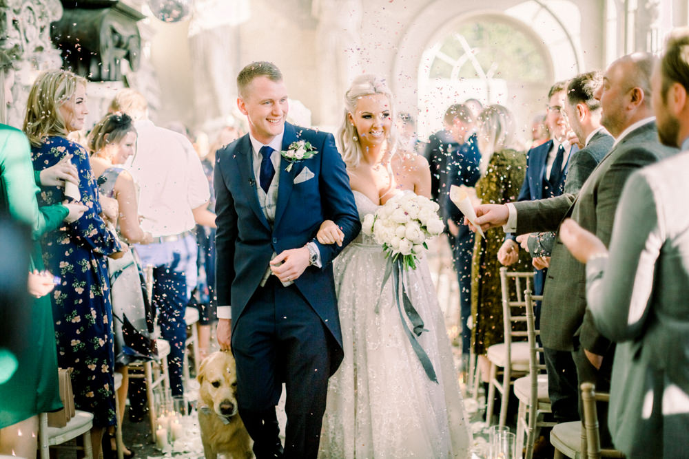 Bride Bridal Berta Princess Sparkly Dress Gown Veil Navy Tailcoat Groom Bouquet Ribbon Confetti Aynhoe Park Wedding Sanshine Photography