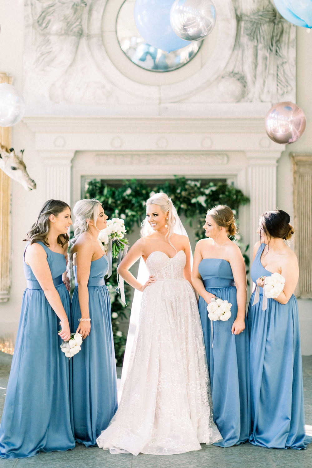 Bride Bridal Berta Princess Sparkly Dress Gown Veil Navy Blue Mismatched Vera Wang Bridesmaids Aynhoe Park Wedding Sanshine Photography