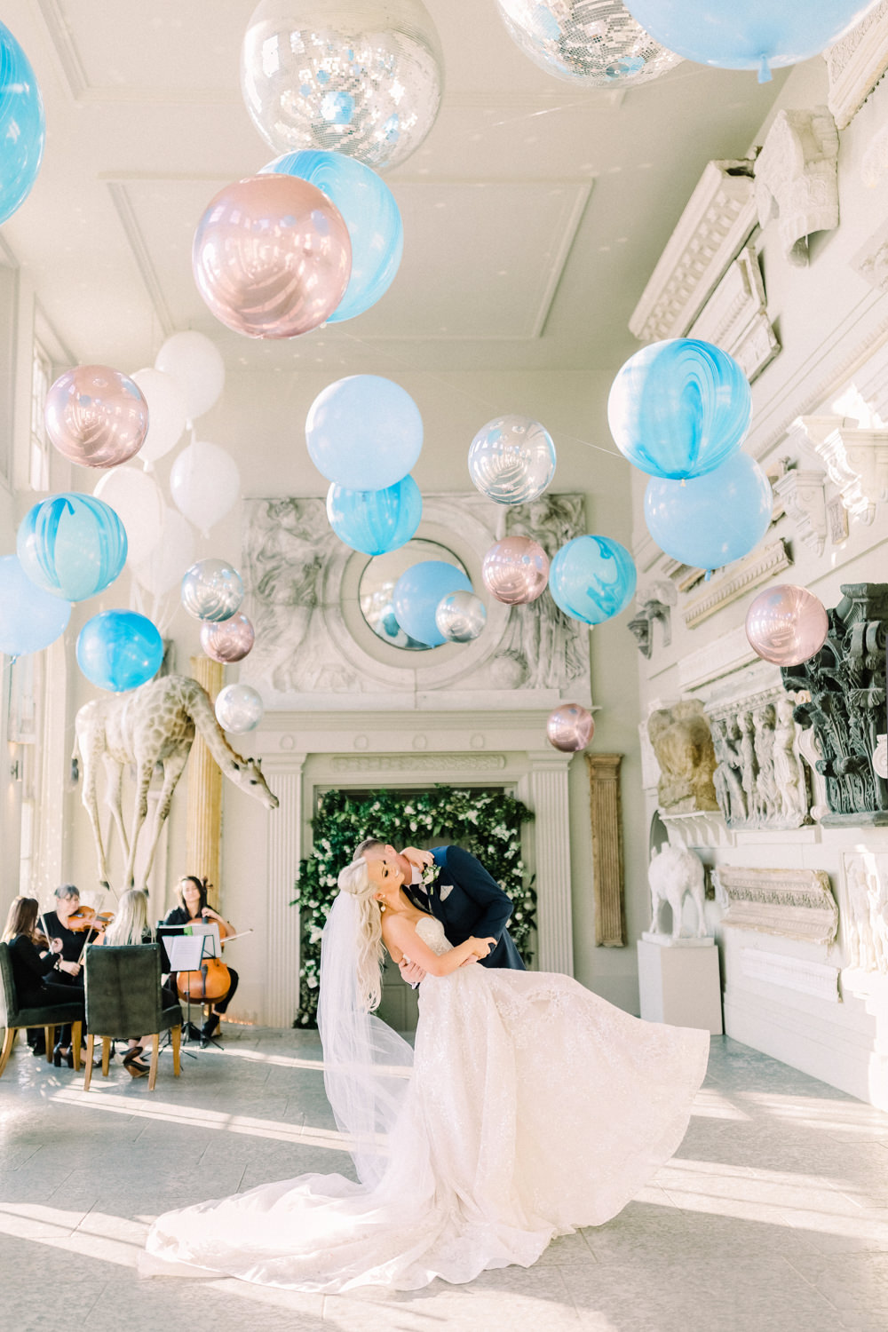 Bride Bridal Berta Princess Sparkly Dress Gown Veil Navy Tailcoat Groom Balloon Installation Aynhoe Park Wedding Sanshine Photography