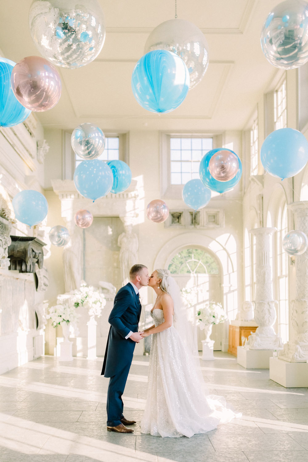 Bride Bridal Berta Princess Sparkly Dress Gown Veil Navy Tailcoat Groom Balloon Installation Aynhoe Park Wedding Sanshine Photography