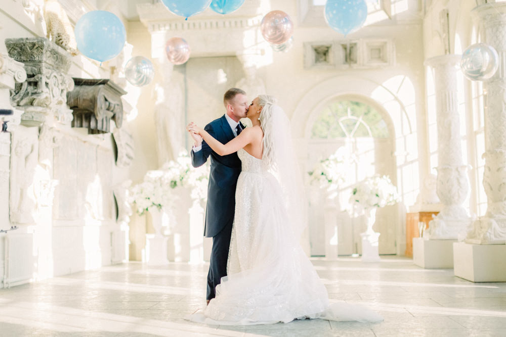Bride Bridal Berta Princess Sparkly Dress Gown Veil Navy Tailcoat Groom Aynhoe Park Wedding Sanshine Photography