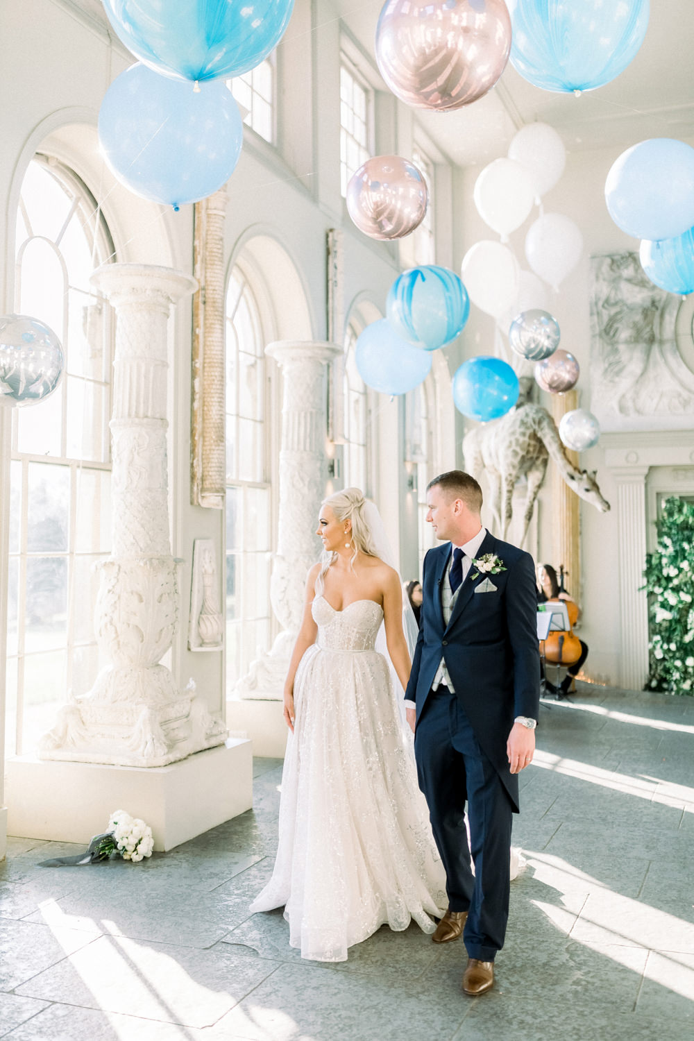 Bride Bridal Berta Princess Sparkly Dress Gown Veil Navy Tailcoat Groom Balloon Installation Aynhoe Park Wedding Sanshine Photography