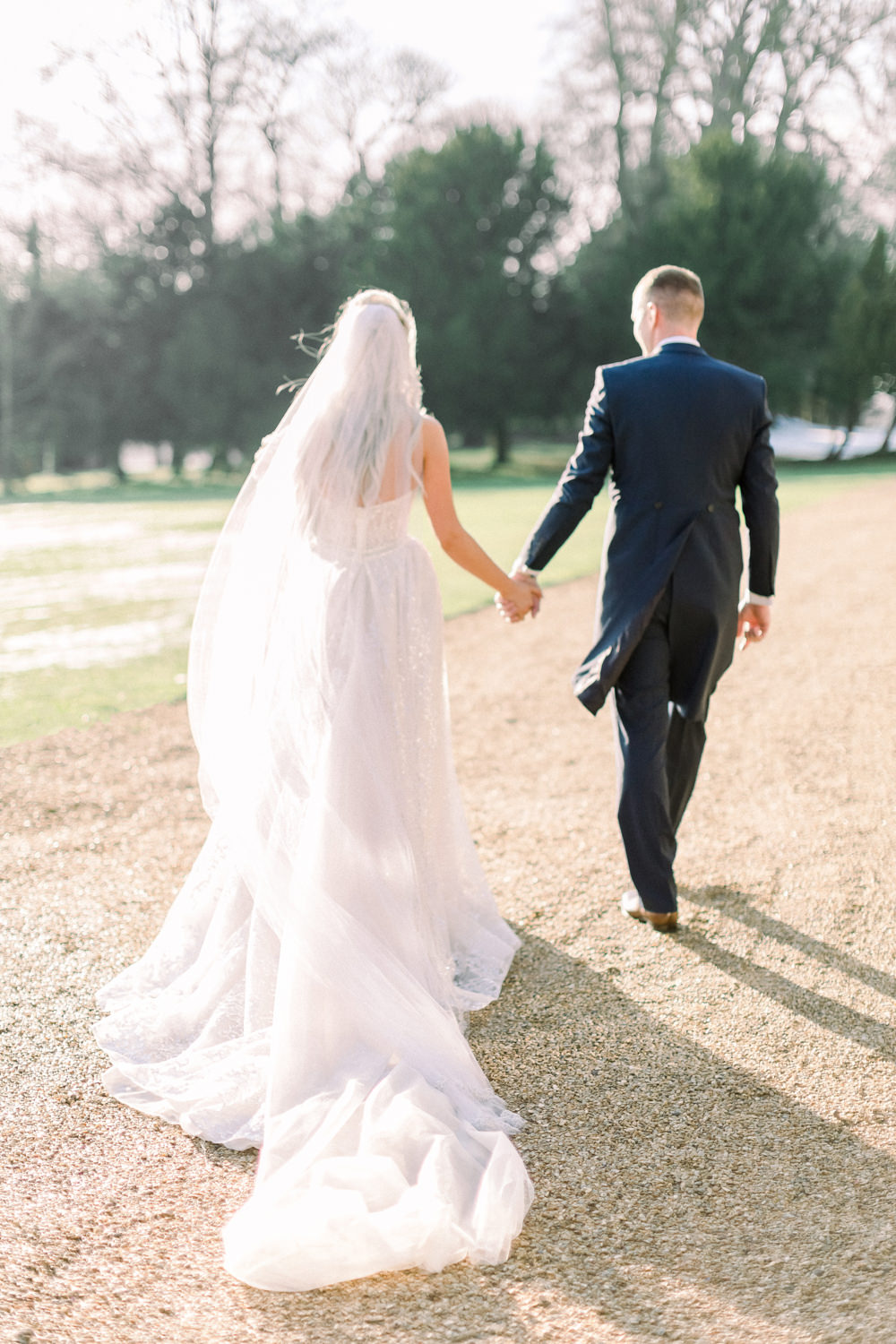 Bride Bridal Berta Princess Sparkly Dress Gown Veil Navy Tailcoat Groom Train Aynhoe Park Wedding Sanshine Photography
