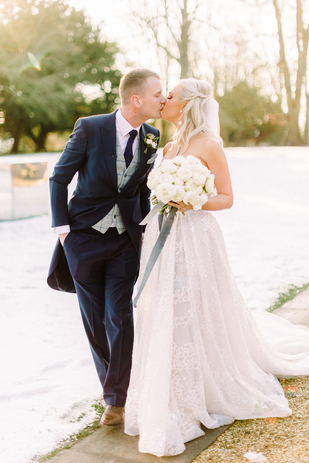 Bride Bridal Berta Princess Sparkly Dress Gown Veil Navy Tailcoat Groom Bouquet Ribbon Aynhoe Park Wedding Sanshine Photography
