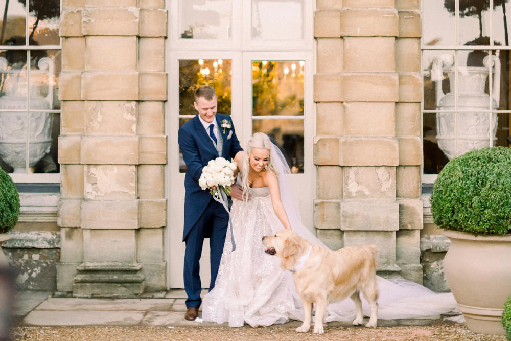 Bride Bridal Berta Princess Sparkly Dress Gown Veil Navy Tailcoat Groom Dog Aynhoe Park Wedding Sanshine Photography