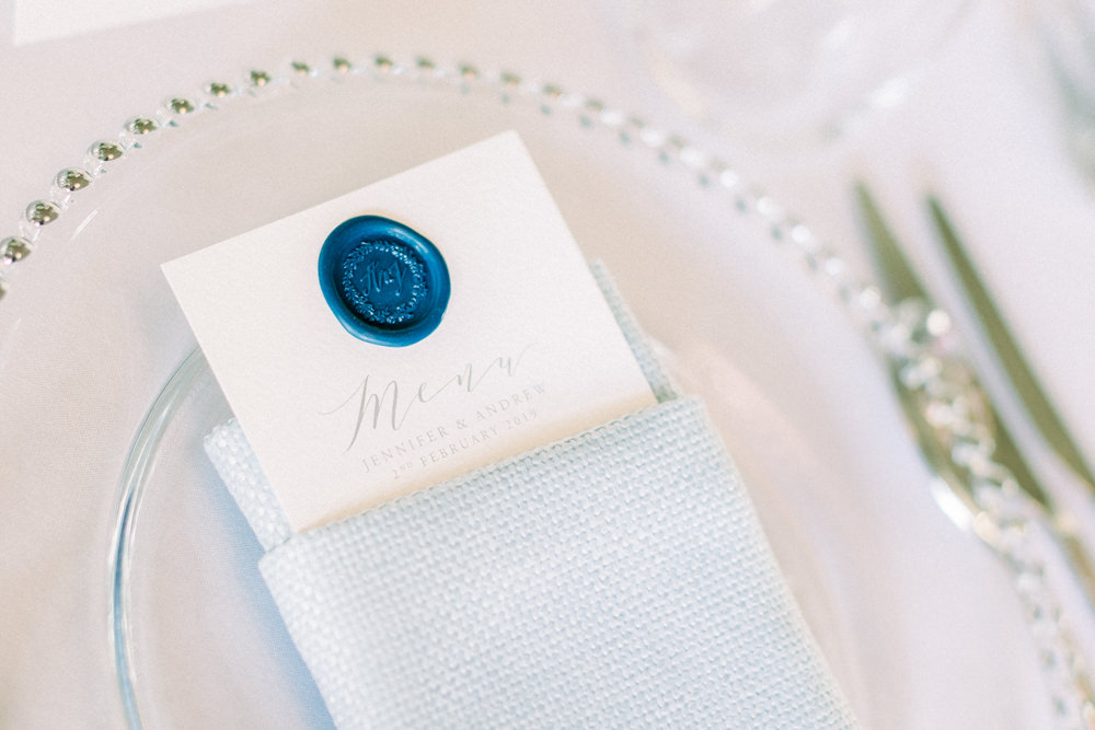 Wax Seal Menu Stationery Glass Beaded Charger Plate Place Setting Aynhoe Park Wedding Sanshine Photography