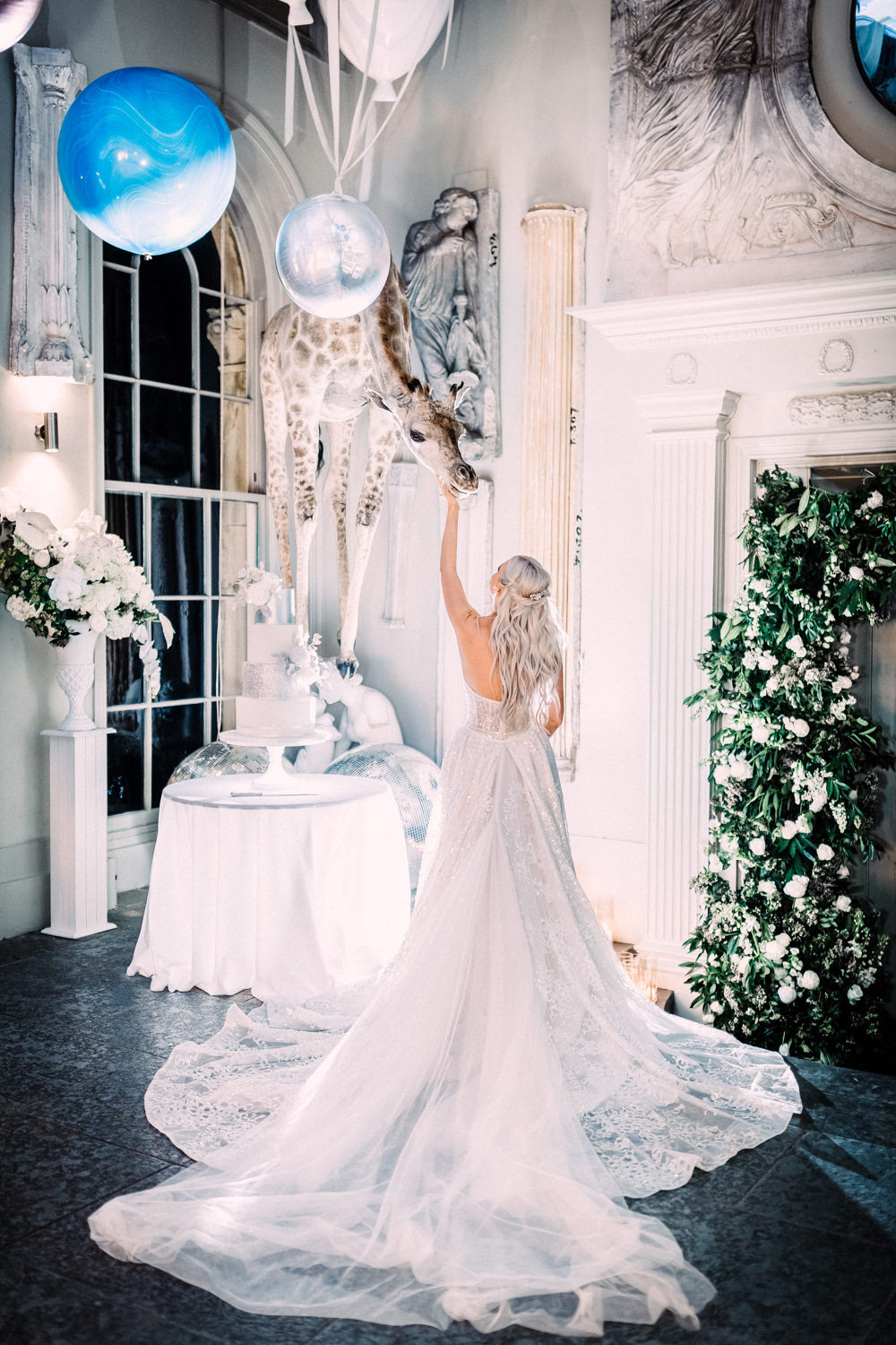 Bride Bridal Berta Princess Sparkly Dress Gown Veil Navy Tiered Silver Cake Aynhoe Park Wedding Sanshine Photography