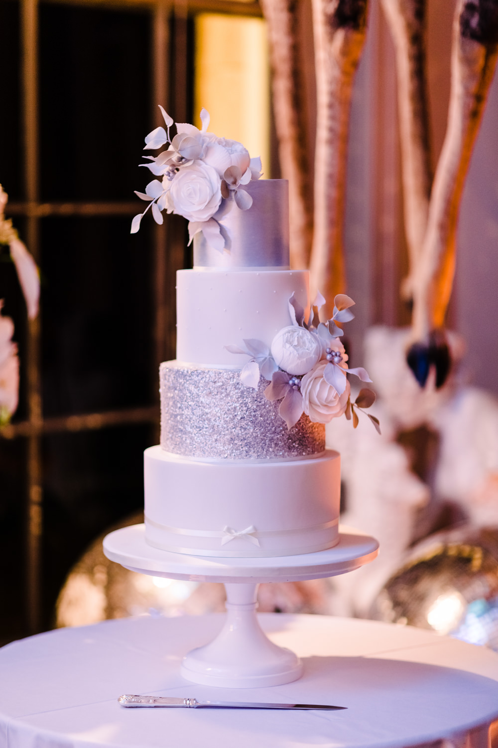 Silver White Sparkly Cake Flowers Tiered Stand Aynhoe Park Wedding Sanshine Photography