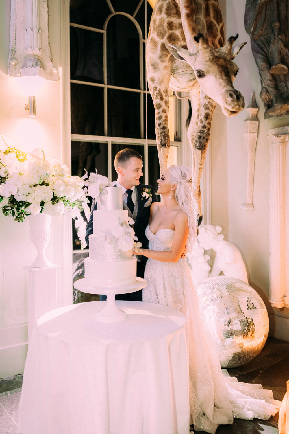 Bride Bridal Berta Princess Sparkly Dress Gown Veil Navy Tailcoat Groom White Silver Cake Aynhoe Park Wedding Sanshine Photography