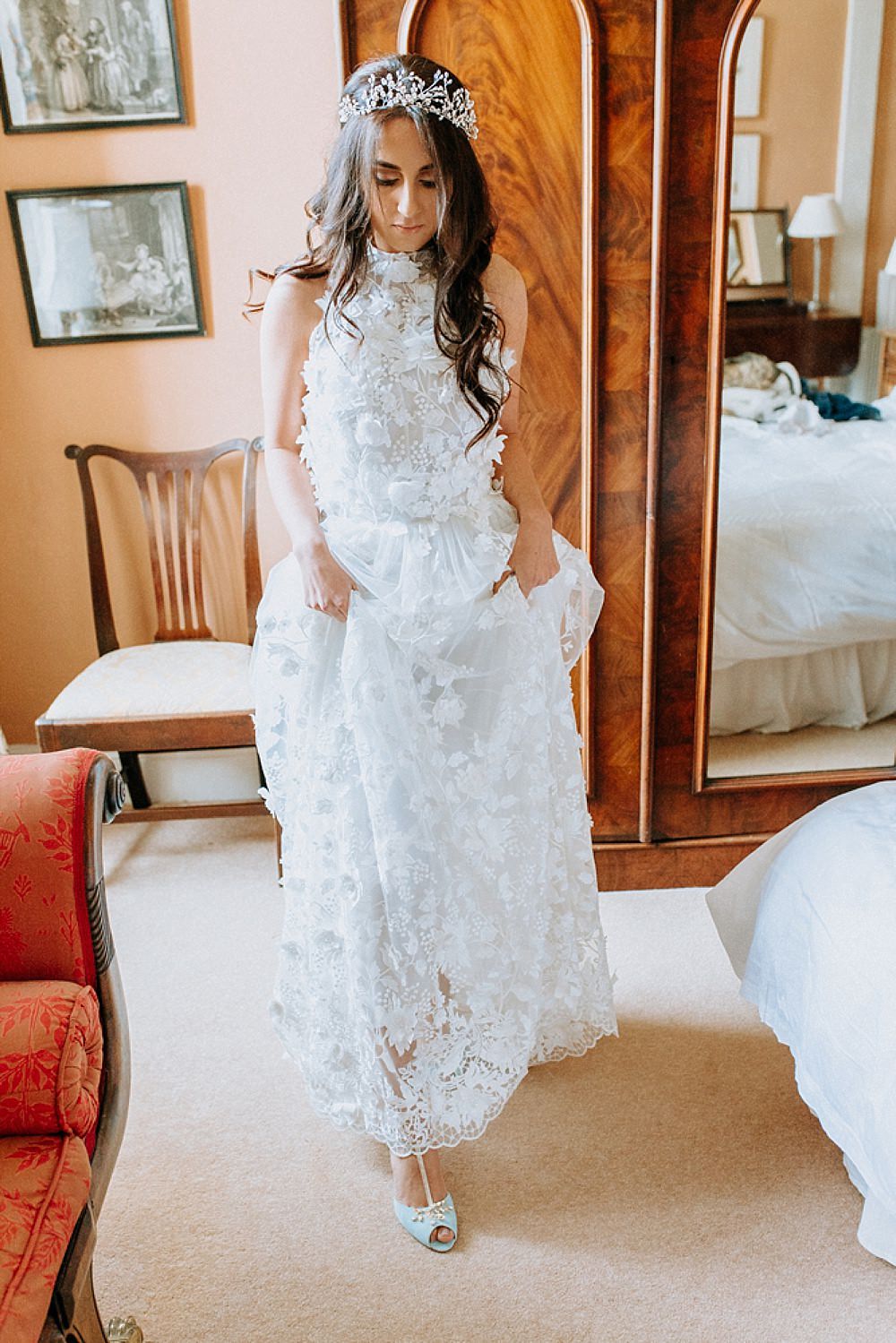 Dress Gown Bride Bridal Pronovias Flower Floral Applique Train Blue Gold Wedding Ideas Ailsa Reeve Photography