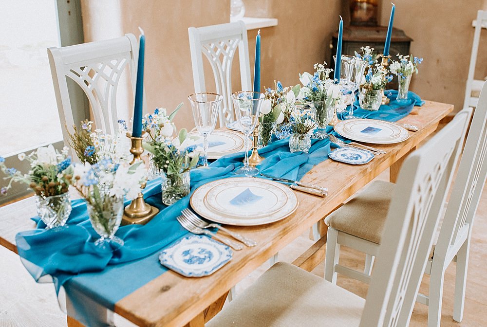 Table Tablescape Decor Decoration Runner Silk Candlesticks Flowers Blue Gold Wedding Ideas Ailsa Reeve Photography