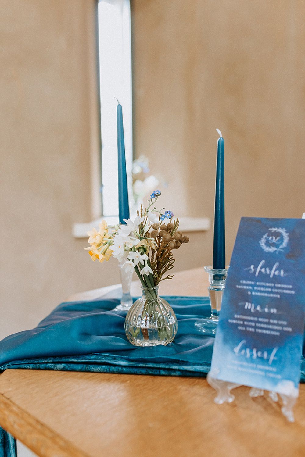 Table Tablescape Decor Decoration Runner Silk Candlesticks Flowers Blue Gold Wedding Ideas Ailsa Reeve Photography