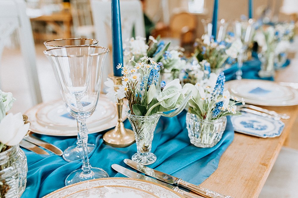 Table Tablescape Decor Decoration Runner Silk Candlesticks Flowers Blue Gold Wedding Ideas Ailsa Reeve Photography