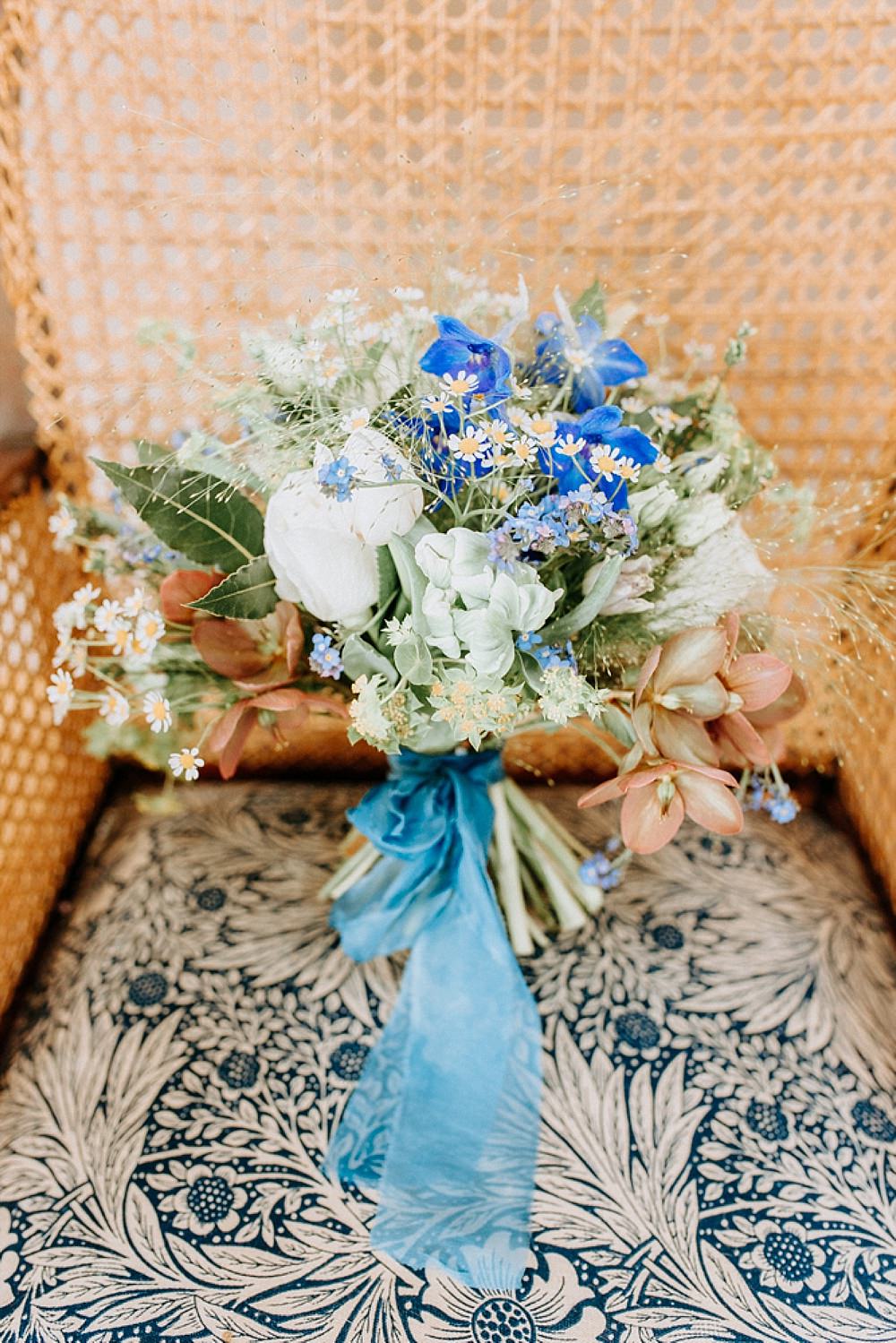Bouquet Flowers Bride Bridal Ribbon Tulip Daisy Blue Gold Wedding Ideas Ailsa Reeve Photography