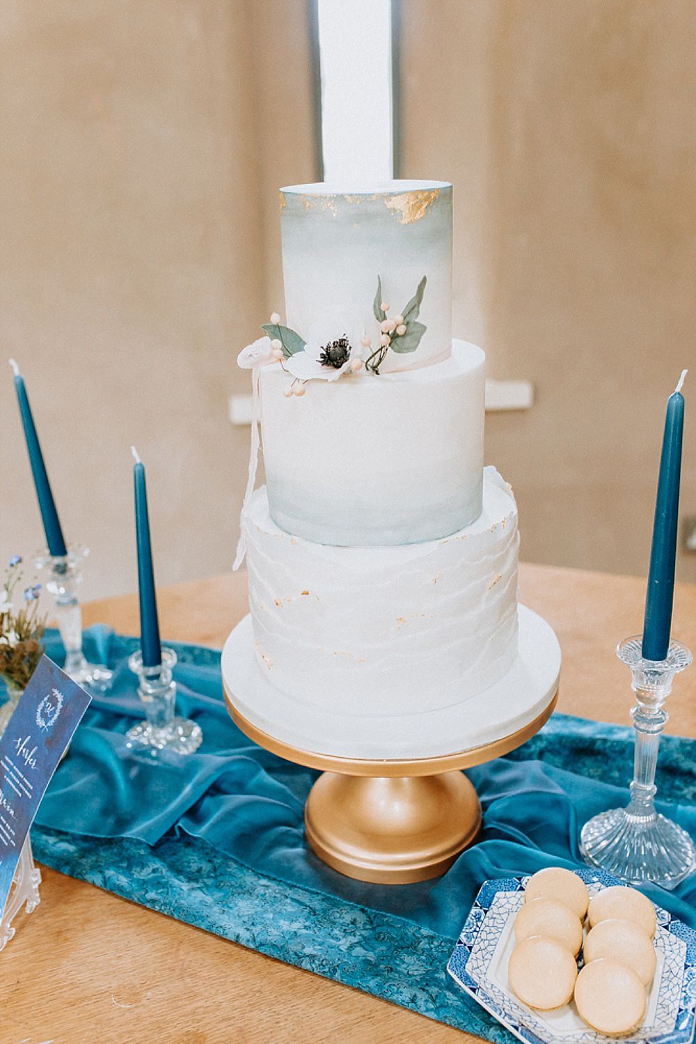 Cake Ruffle Ombre Gold Leaf Blue Gold Wedding Ideas Ailsa Reeve Photography