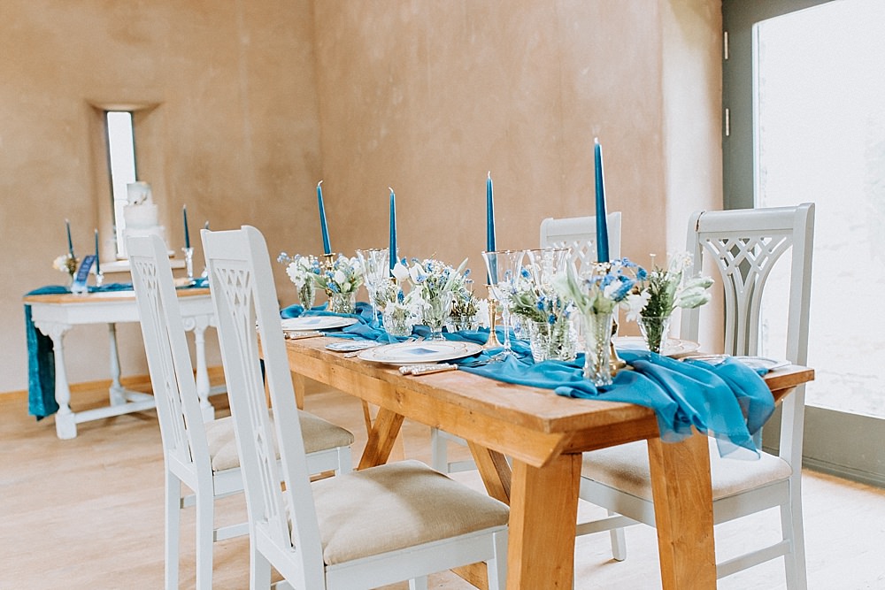 Table Tablescape Decor Decoration Runner Silk Candlesticks Flowers Blue Gold Wedding Ideas Ailsa Reeve Photography