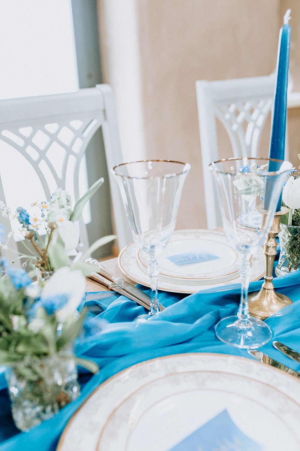 Table Tablescape Decor Decoration Runner Silk Candlesticks Flowers Blue Gold Wedding Ideas Ailsa Reeve Photography