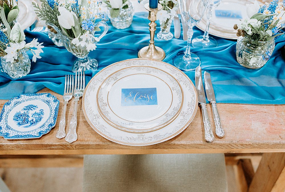Place Setting Plate Cutlery Blue Gold Wedding Ideas Ailsa Reeve Photography