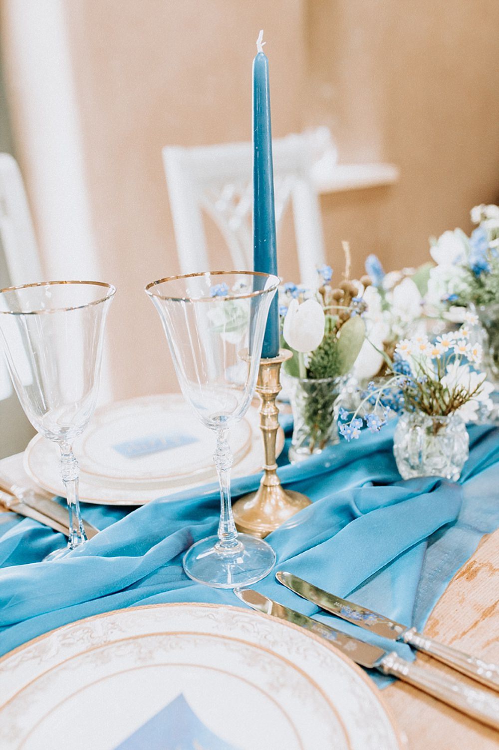 Table Tablescape Decor Decoration Runner Silk Candlesticks Flowers Blue Gold Wedding Ideas Ailsa Reeve Photography
