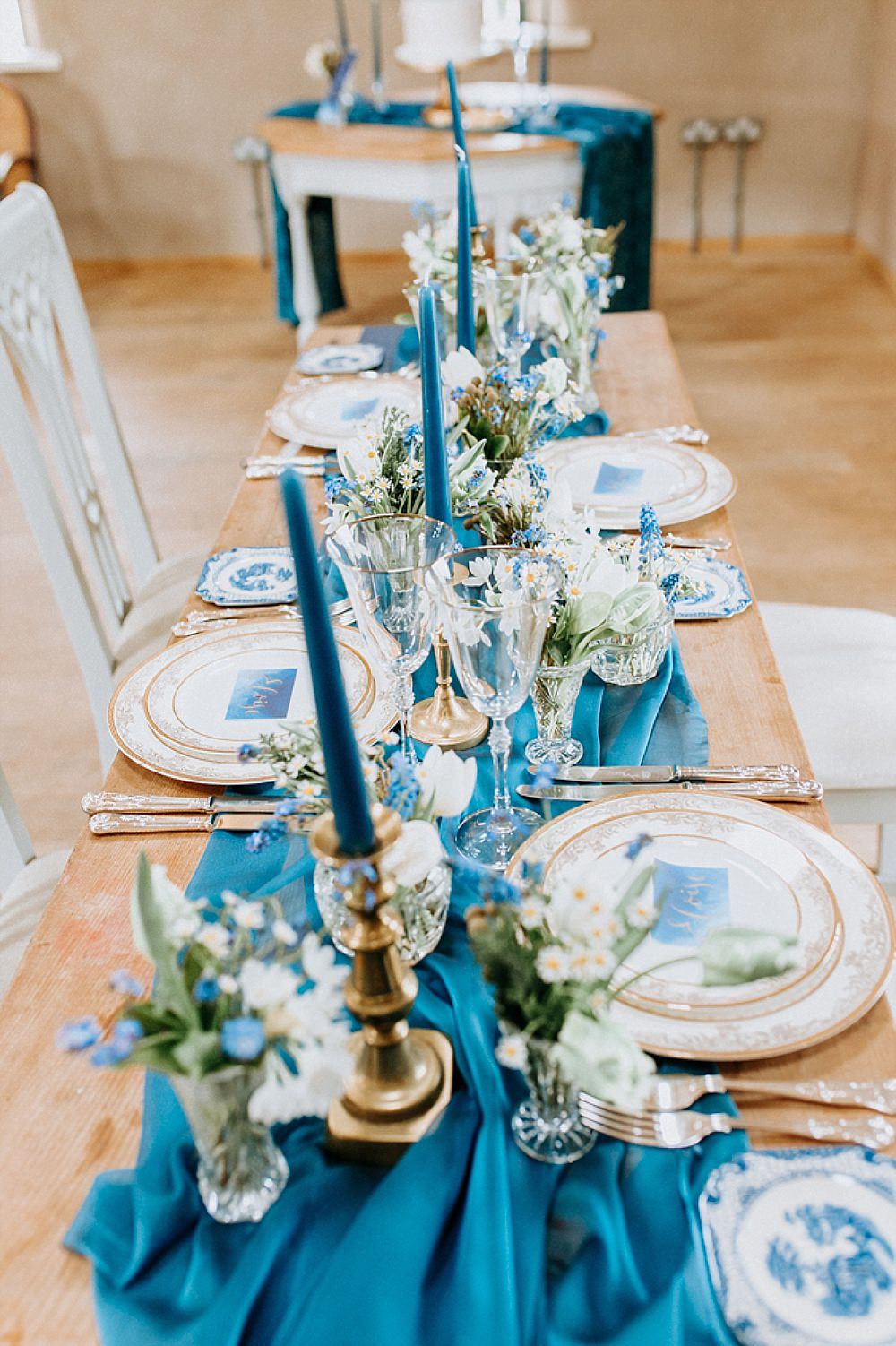 Table Tablescape Decor Decoration Runner Silk Candlesticks Flowers Blue Gold Wedding Ideas Ailsa Reeve Photography
