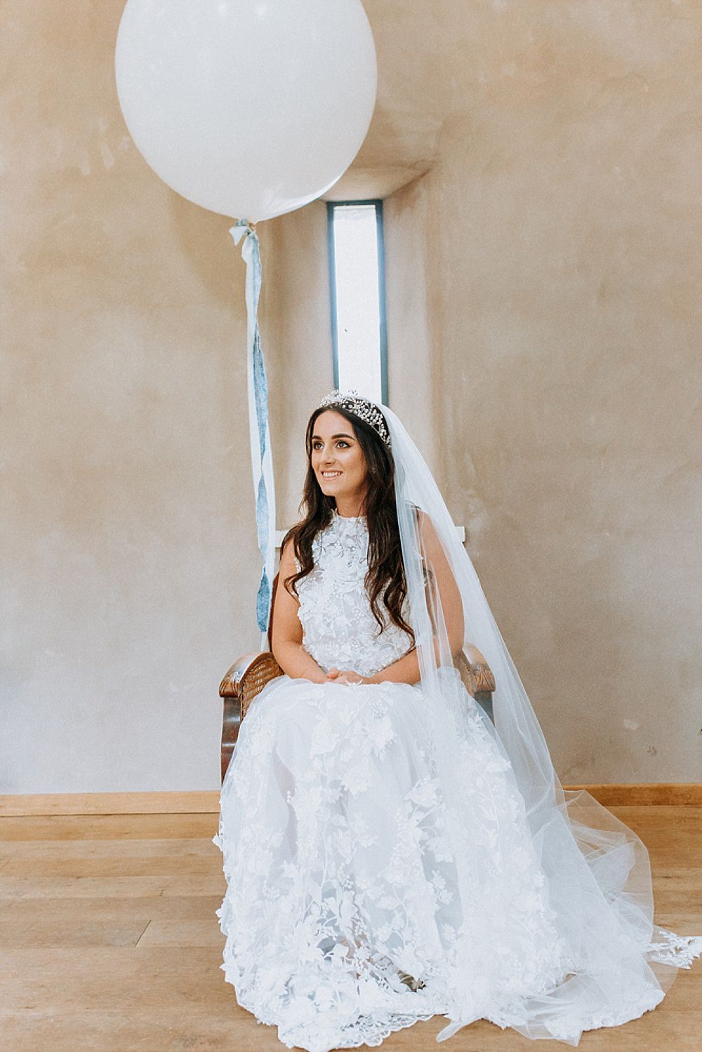 Dress Gown Bride Bridal Pronovias Flower Floral Applique Train Veil Blue Gold Wedding Ideas Ailsa Reeve Photography