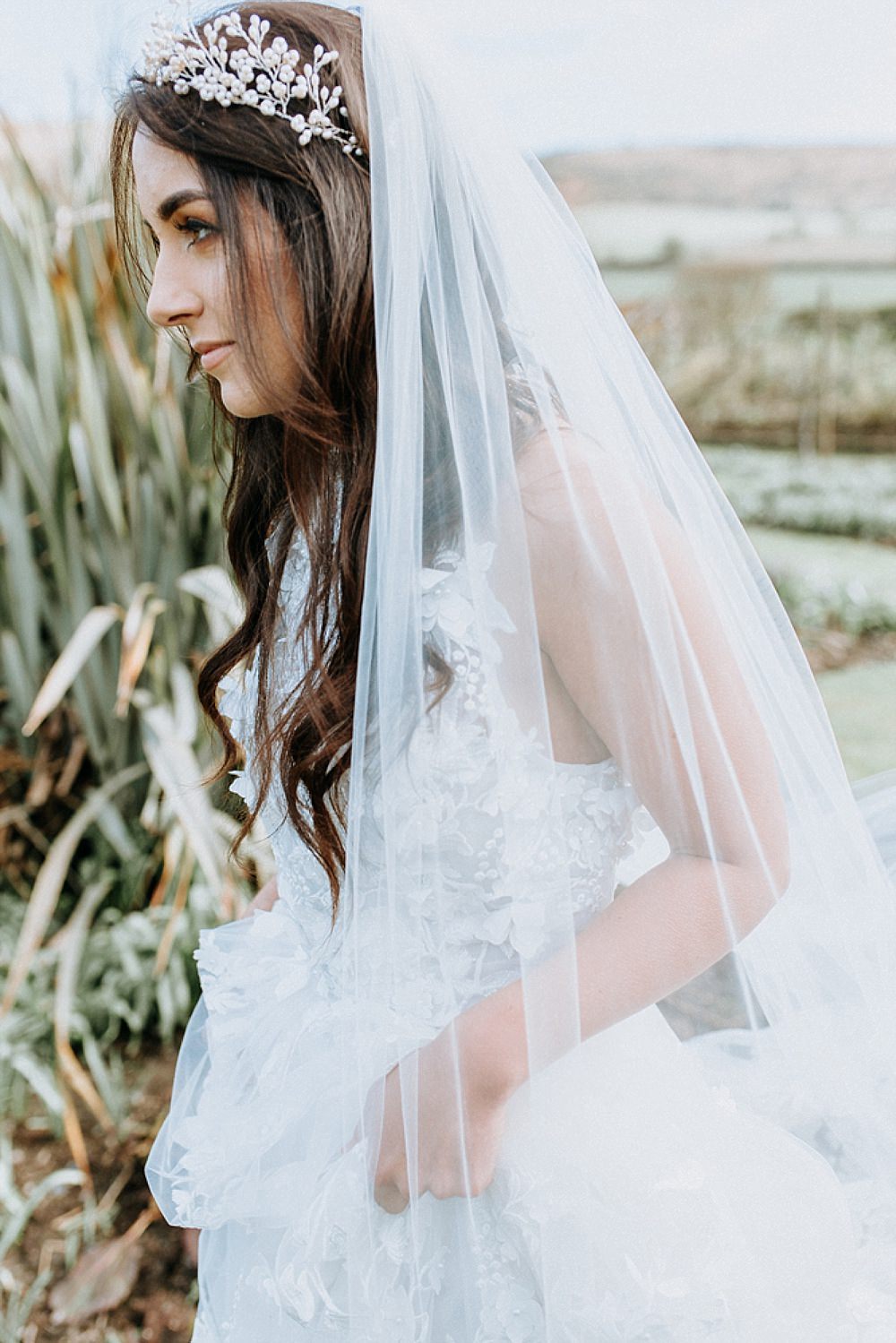 Dress Gown Bride Bridal Pronovias Flower Floral Applique Train Veil Blue Gold Wedding Ideas Ailsa Reeve Photography