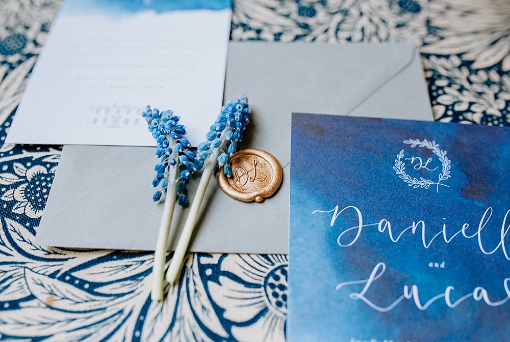 Stationery Invite Invitations Calligraphy Wax Seal Watercolour Blue Gold Wedding Ideas Ailsa Reeve Photography