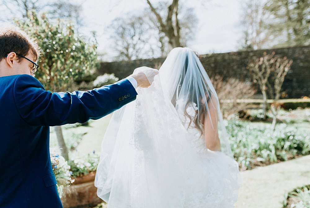Dress Gown Bride Bridal Pronovias Flower Floral Applique Train Veil Blue Gold Wedding Ideas Ailsa Reeve Photography