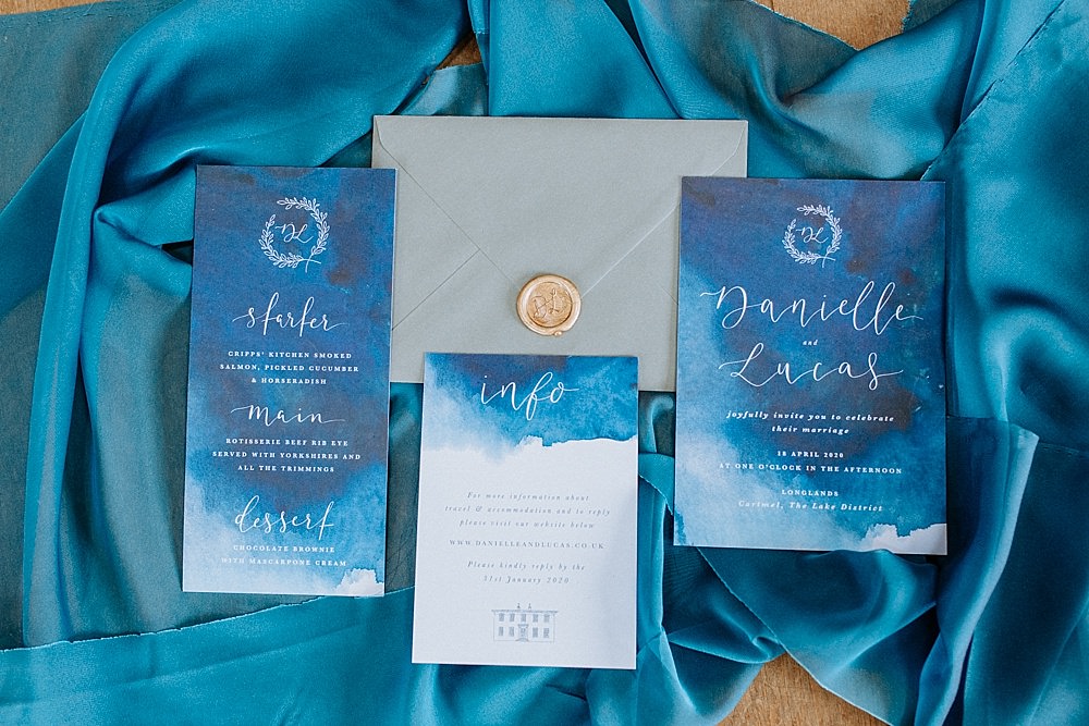 Stationery Invite Invitations Calligraphy Wax Seal Watercolour Blue Gold Wedding Ideas Ailsa Reeve Photography