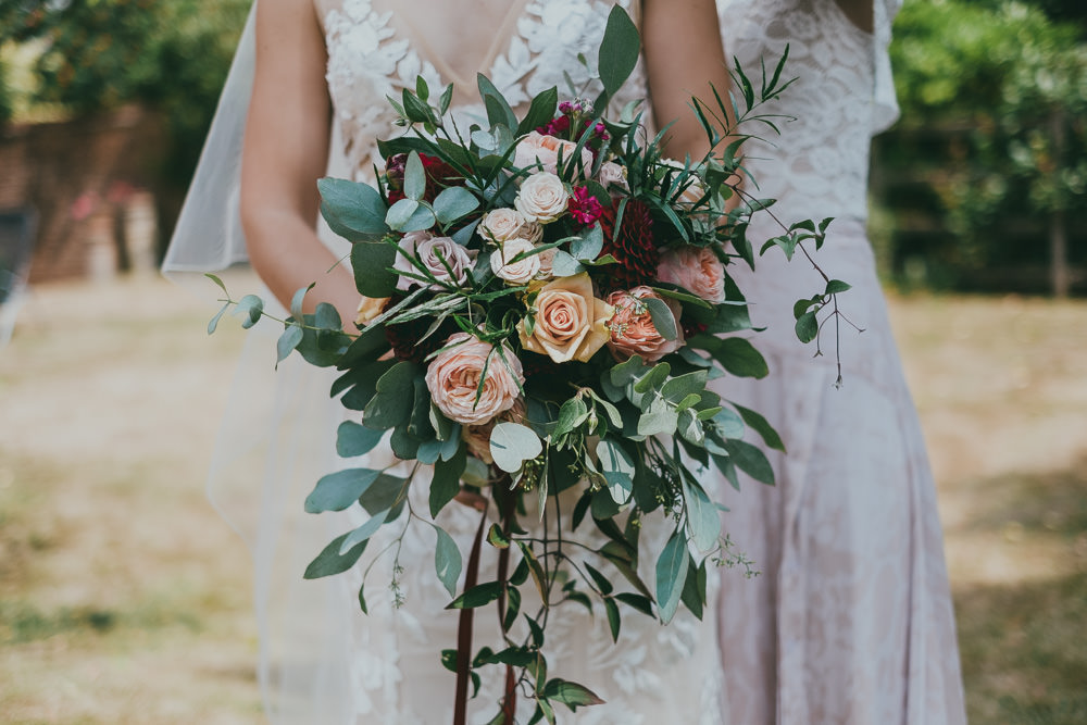 Bride Bridal Bouquet Greenery Rose Peach Burgundy Boho Tipi Wedding Ross Talling Photography