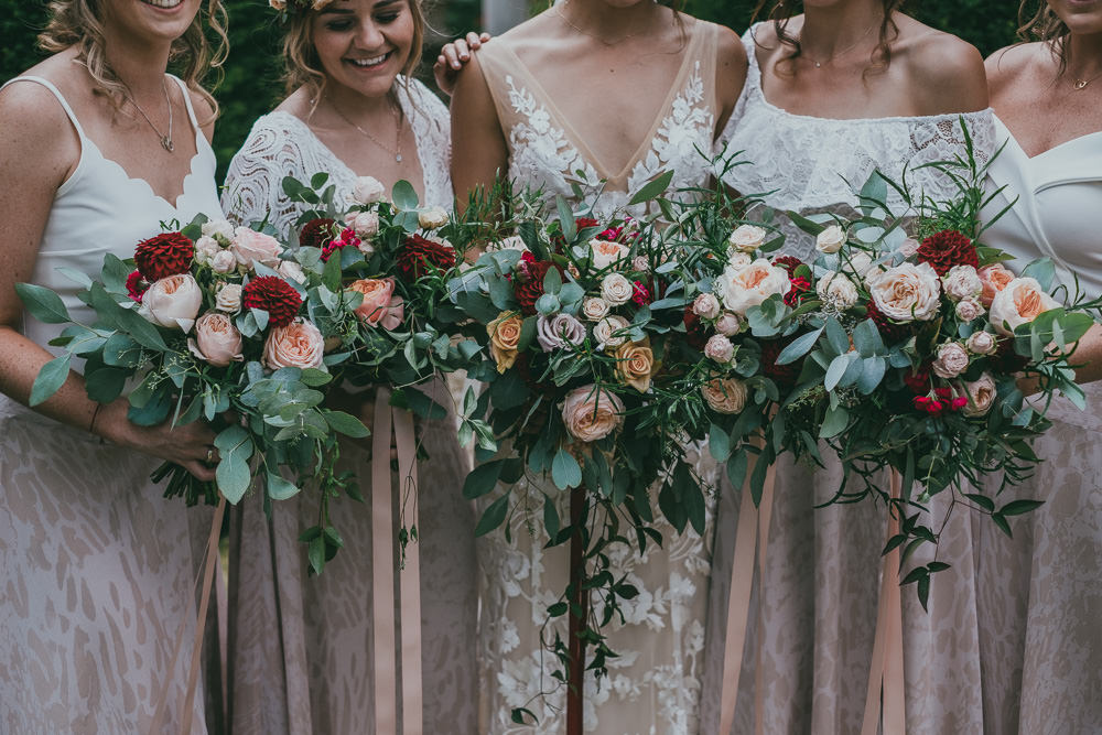 Bride Bridal Bridesmaids Bouquet Greenery Burgundy Pink Peach Rose Ribbon Boho Tipi Wedding Ross Talling Photography