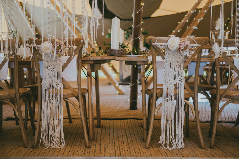 Macrame Chair Backs Fairy Lights Boho Tipi Wedding Ross Talling Photography