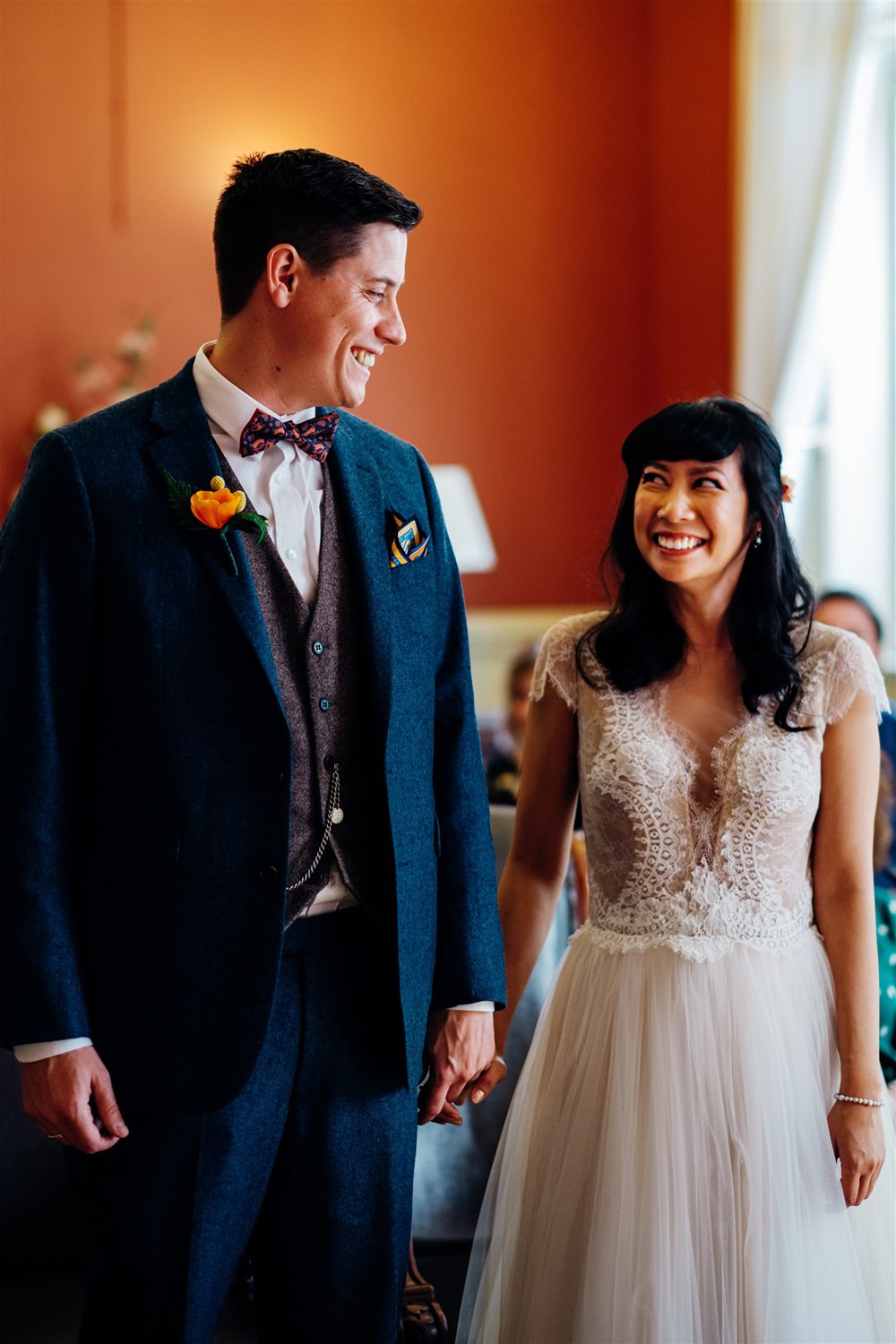 Bride Bridal Divine Atelier Dress Gown Tulle Skirt Lace Top Cap Sleeve Three Piece Suit Groom Multicoloured Paper Flower Bouquet Brighton Town Hall Wedding Marianne Chua Photography