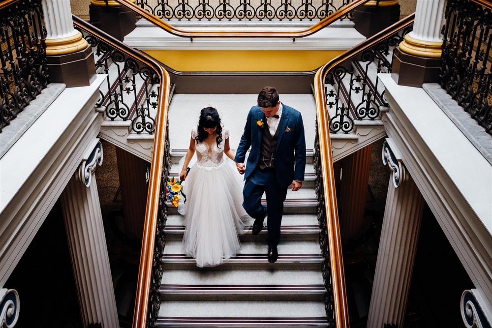 Bride Bridal Divine Atelier Dress Gown Tulle Skirt Lace Top Cap Sleeve Three Piece Suit Groom Multicoloured Paper Flower Bouquet Brighton Town Hall Wedding Marianne Chua Photography