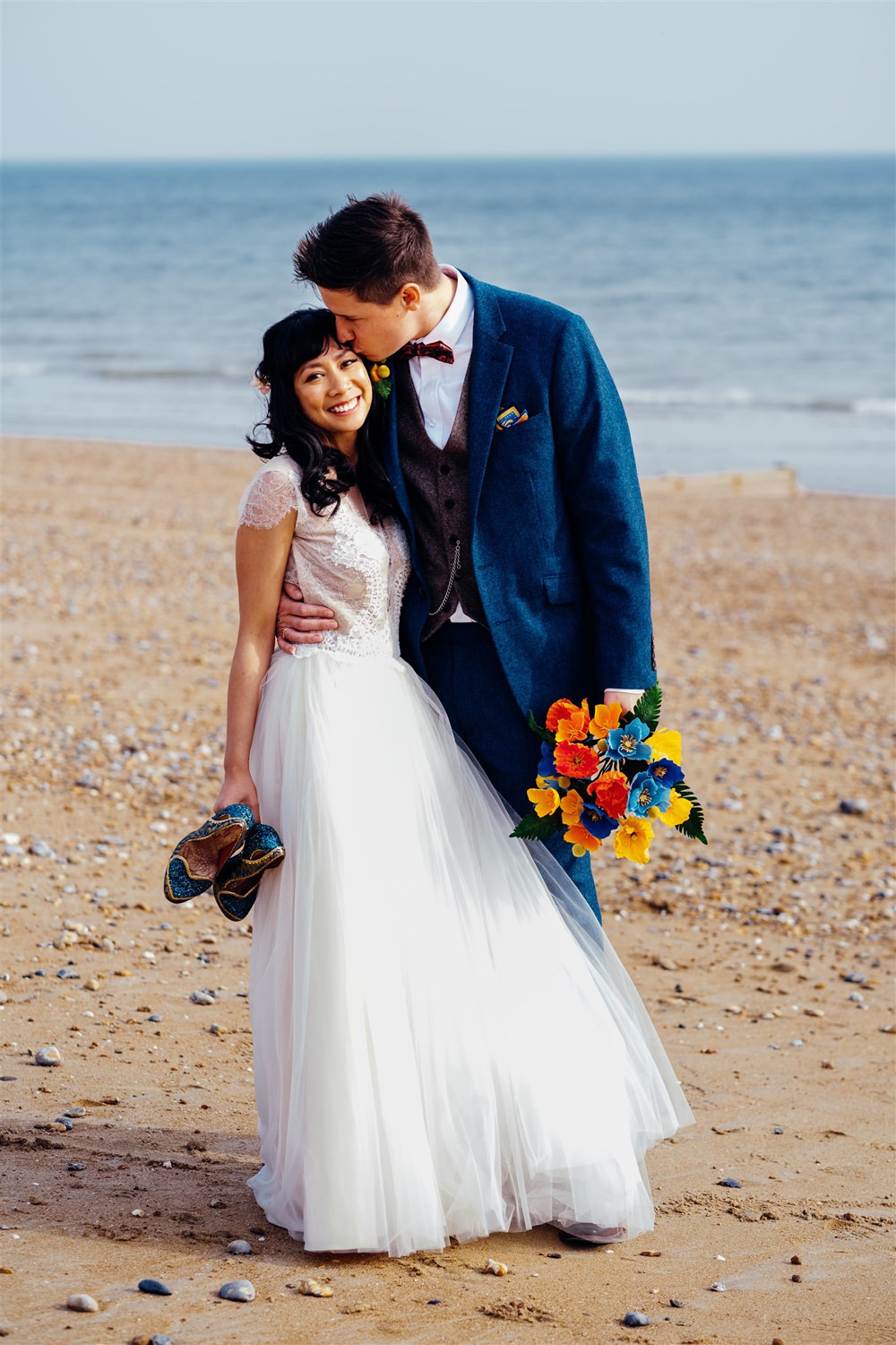 Bride Bridal Divine Atelier Dress Gown Tulle Skirt Lace Top Cap Sleeve Three Piece Suit Groom Multicoloured Paper Flower Bouquet Bow Tie Brighton Town Hall Wedding Marianne Chua Photography