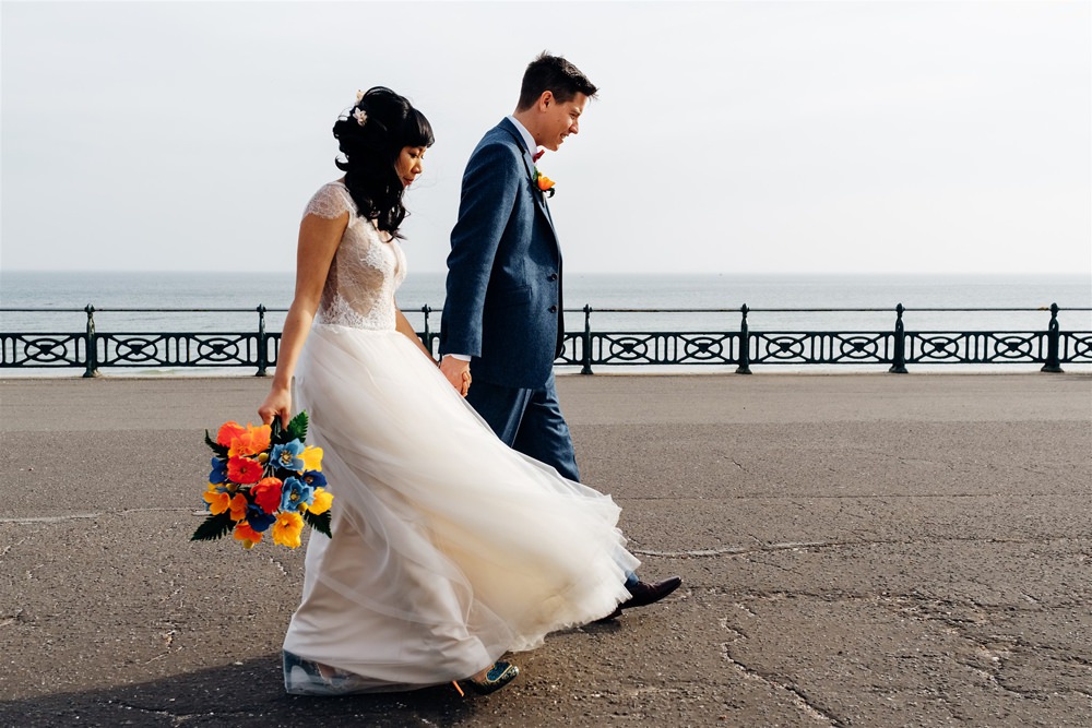Bride Bridal Divine Atelier Dress Gown Tulle Skirt Lace Top Cap Sleeve Three Piece Suit Groom Multicoloured Paper Flower Bouquet Bow Tie Brighton Town Hall Wedding Marianne Chua Photography