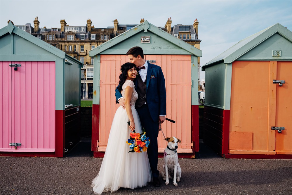 Bride Bridal Divine Atelier Dress Gown Tulle Skirt Lace Top Cap Sleeve Three Piece Suit Groom Multicoloured Paper Flower Bouquet Dog Brighton Town Hall Wedding Marianne Chua Photography