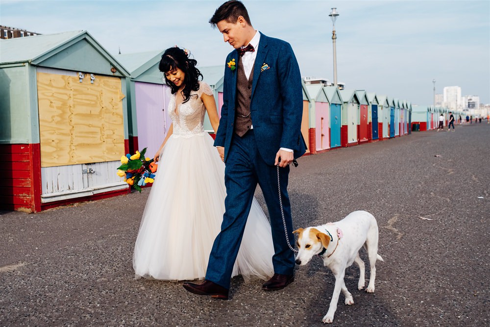 Bride Bridal Divine Atelier Dress Gown Tulle Skirt Lace Top Cap Sleeve Three Piece Suit Groom Multicoloured Paper Flower Bouquet Dog Brighton Town Hall Wedding Marianne Chua Photography