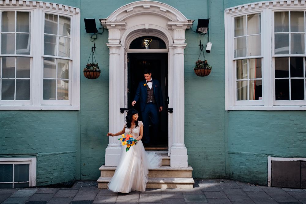 Bride Bridal Divine Atelier Dress Gown Tulle Skirt Lace Top Cap Sleeve Three Piece Suit Groom Multicoloured Paper Flower Bouquet Brighton Town Hall Wedding Marianne Chua Photography