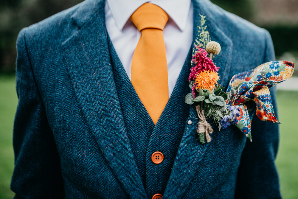 Grooom Suit Blue Tweed Orange Tie Buttonhole Flowers Church Farm Wedding Andrew Brannan Photography