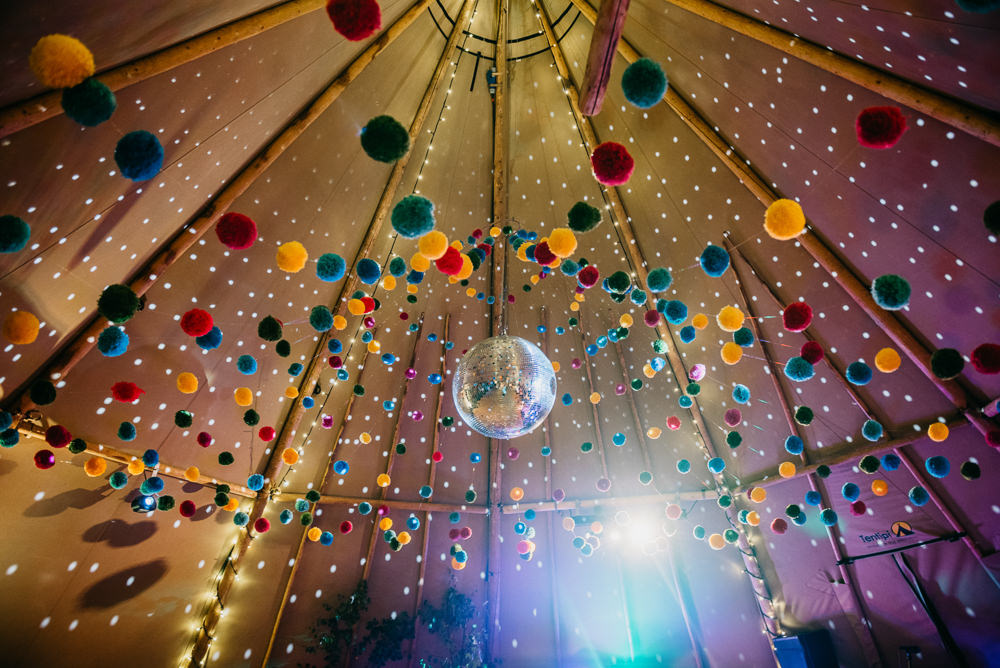 Tipi Pom Poms Disco Ball Church Farm Wedding Andrew Brannan Photography