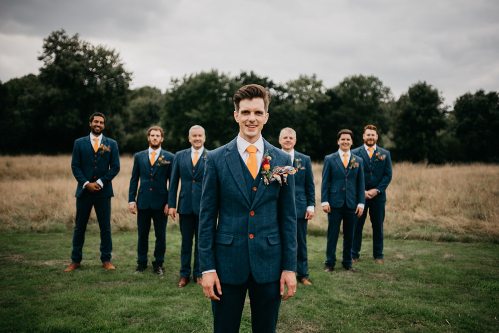 Grooom Suit Blue Tweed Orange Tie Groomsmen Church Farm Wedding Andrew Brannan Photography
