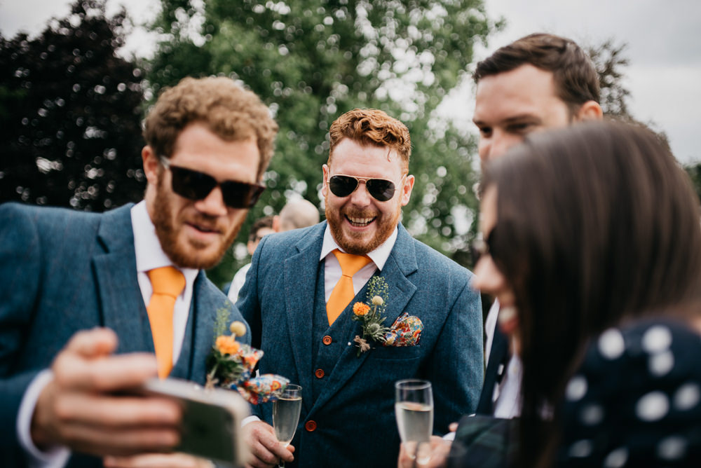 Grooom Suit Blue Tweed Orange Tie Groomsmen Church Farm Wedding Andrew Brannan Photography