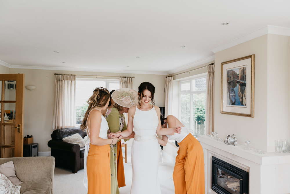Bride Bridal Dress Gown Mikealla Modern Simple Fit Flare Veil Train Church Farm Wedding Andrew Brannan Photography